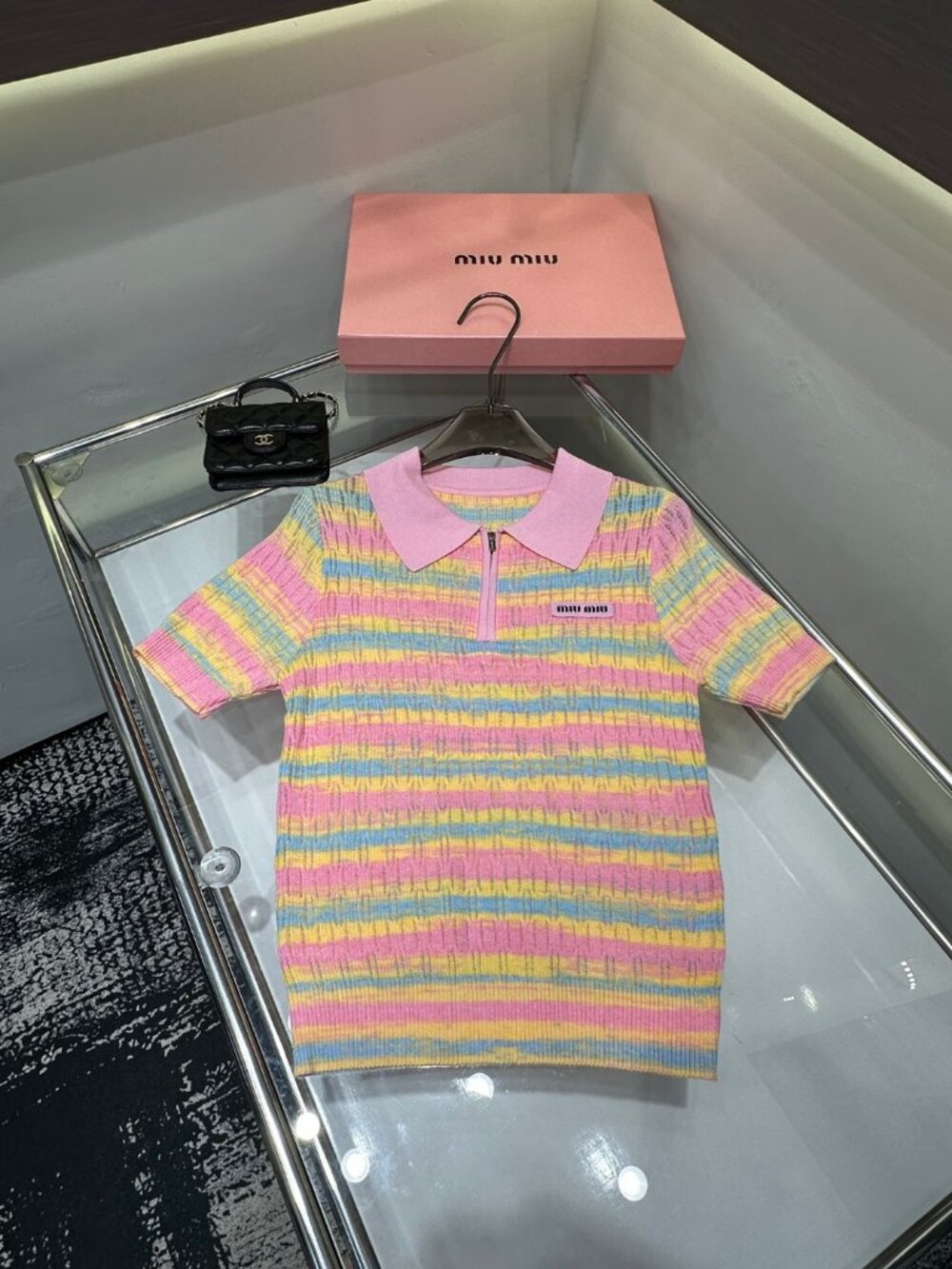 Miu Miu Short-Sleeve Shirt with Collar and Ombré Zipper